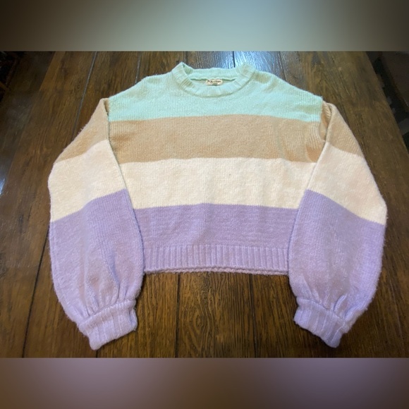 For Love And Lemons Cropped Balloon Sleeve Striped Sweater Size Large B17 - Picture 1 of 5